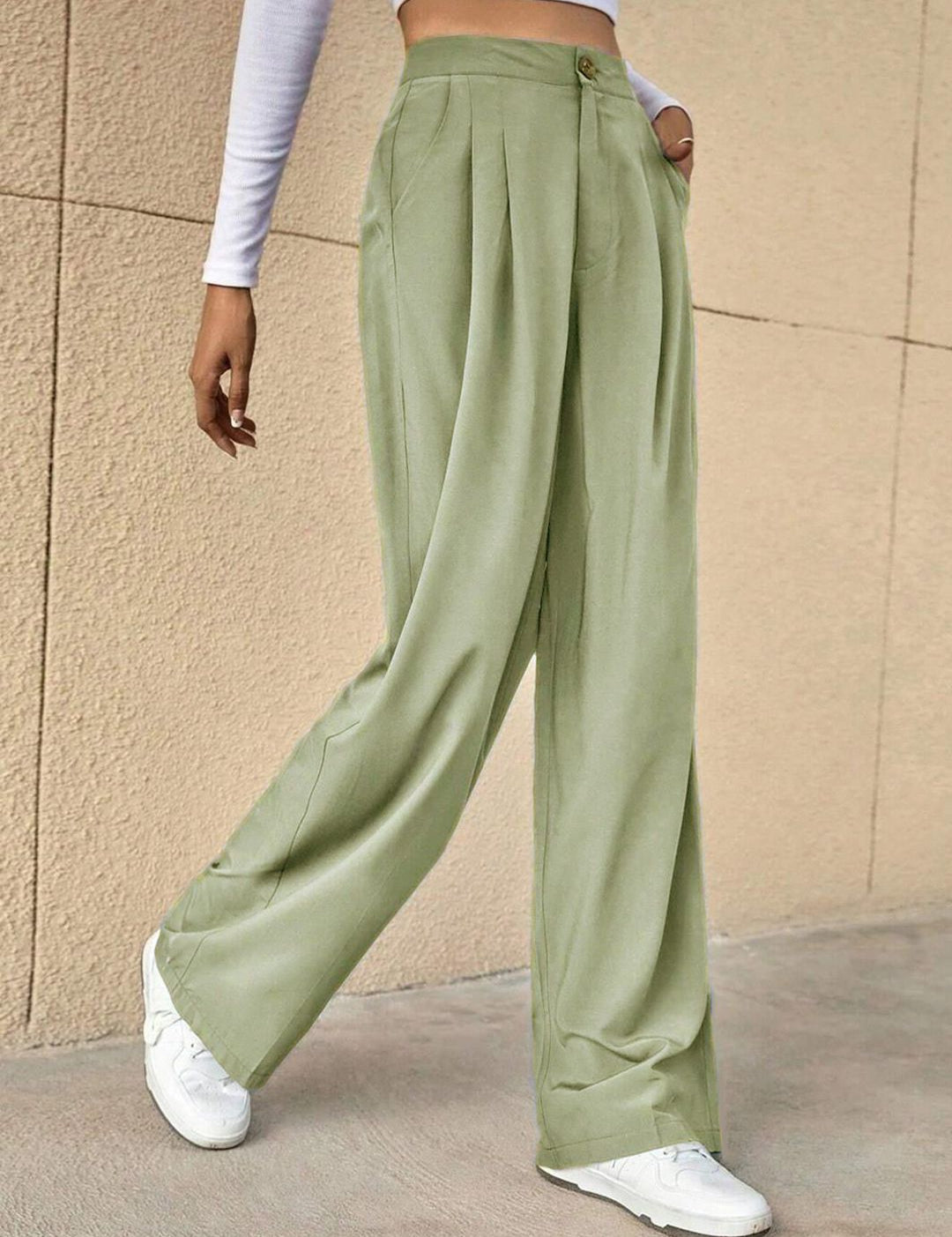 Kotty Green Women Relaxed Straight Leg High-Rise Easy Wash Pleated Parallel Trousers