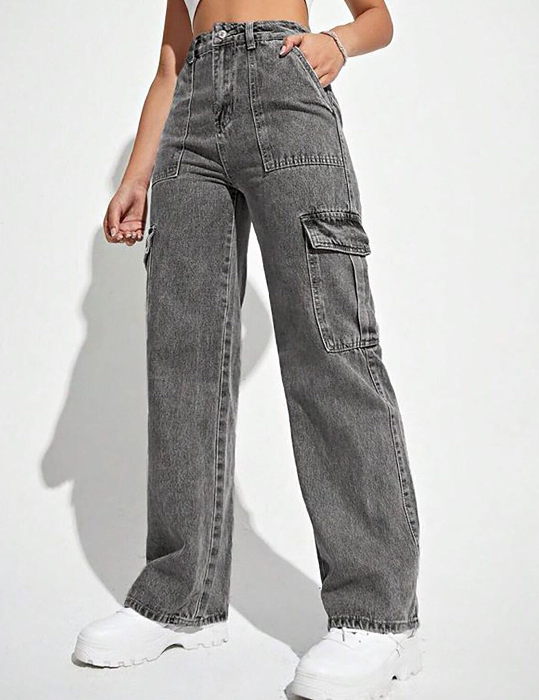 Kotty Women Jean Straight Fit High-Rise Stretchable Cargo Jeans