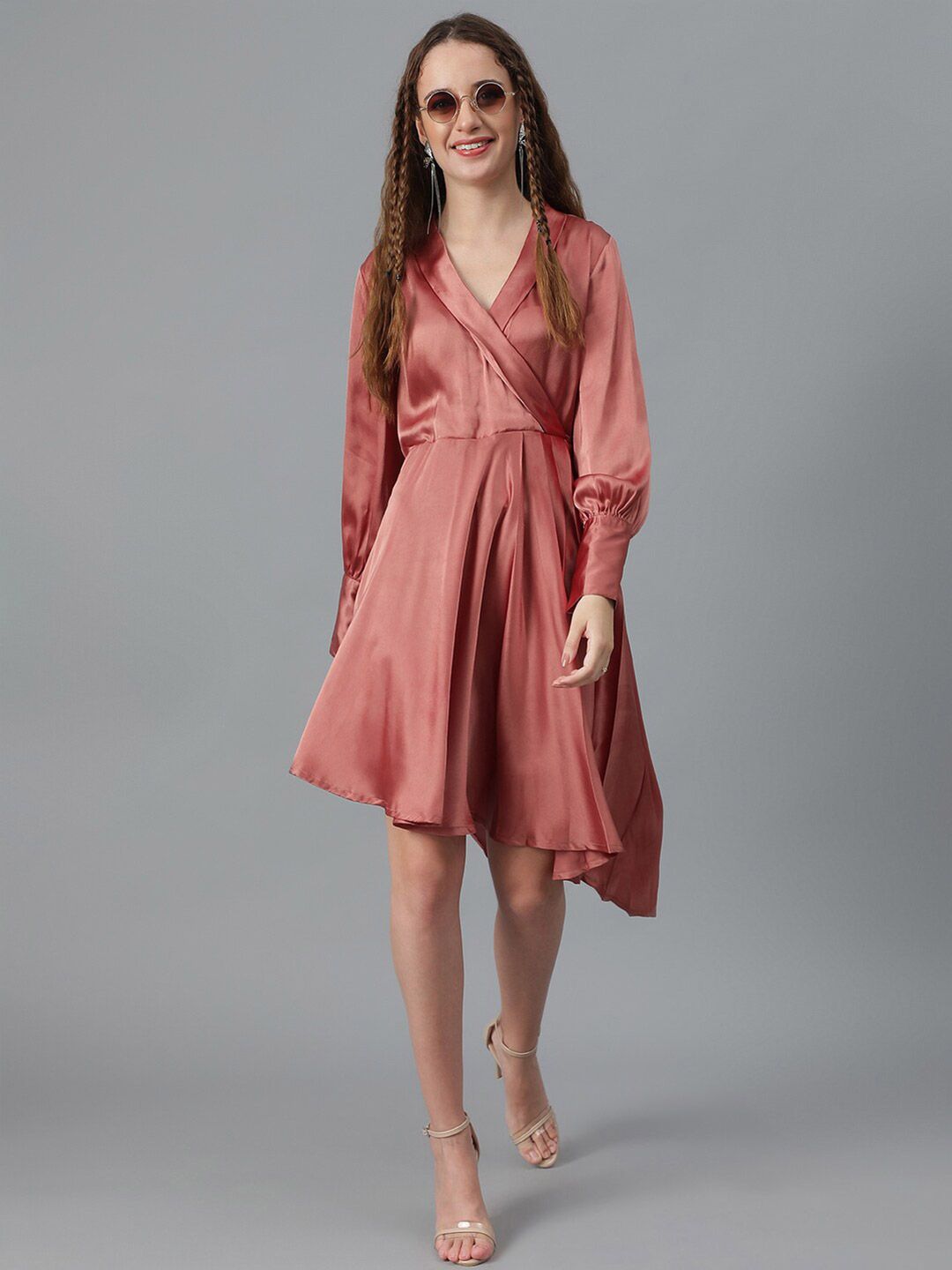 Kotty Brown Cuffed Sleeve Satin Fit & Flare Dress