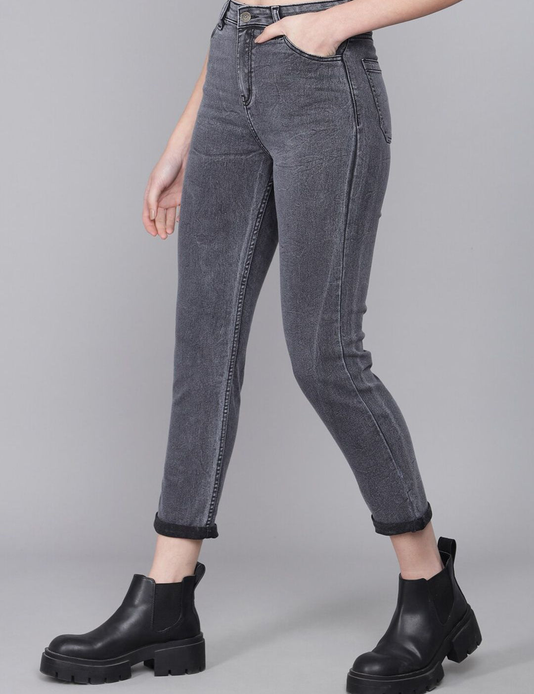 Kotty Women Grey Skinny Fit High-Rise Slash Knee Jeans