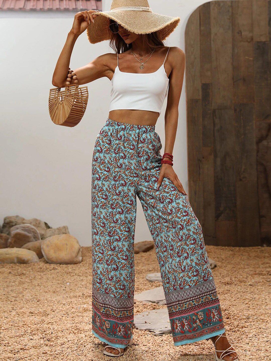 Kotty Women Blue Ethnic Motifs Printed Relaxed Straight Fit High-Rise Easy Wash Trousers