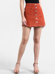 Kotty Women Orange Solid Mini Denim A-Line Skirt