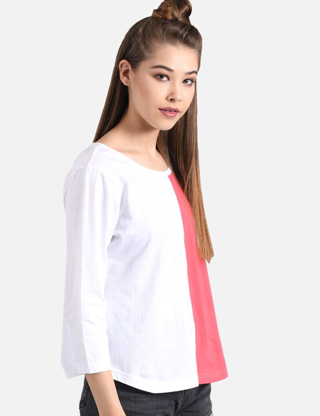 Kotty Women White & Red Colourblocked Round Neck T-shirt