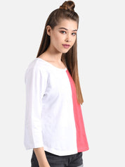 Kotty Women White & Red Colourblocked Round Neck T-shirt
