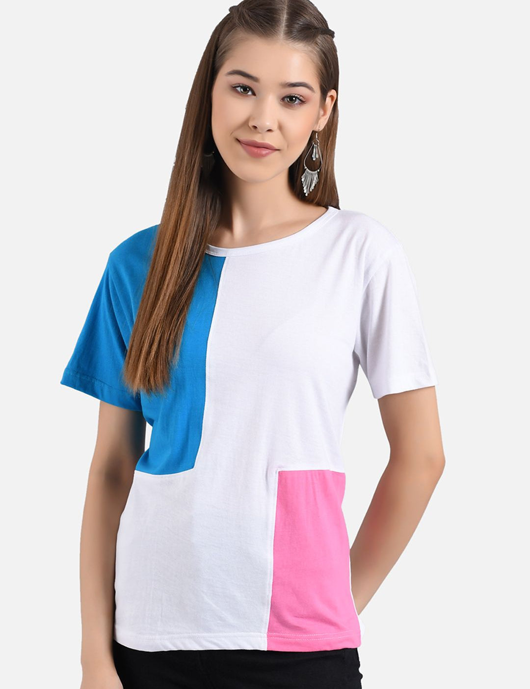 Kotty Women White & Blue Colourblocked T-shirt