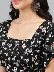Kotty Black Floral Print Flutter Sleeve Crop Top