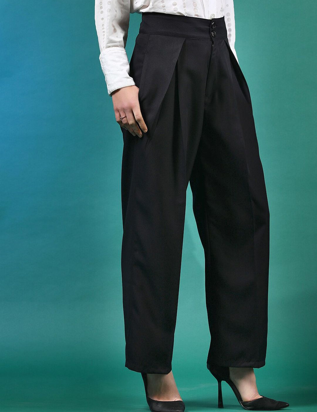 Stylecast X KOTTY BIZwear Black Women Relaxed Straight Leg High-Rise Easy Wash Trousers