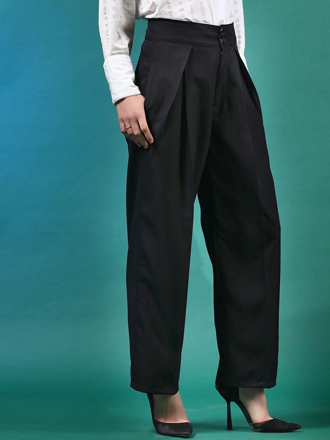 Stylecast X KOTTY BIZwear Black Women Relaxed Straight Leg High-Rise Easy Wash Trousers