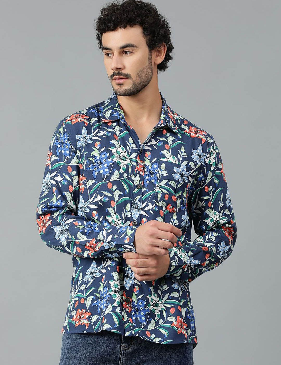 Kotty Men Spread Collar Floral Printed Casual Shirt