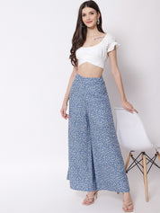 Kotty Women Blue and White Floral Printed Relaxed Flared High-Rise Trousers