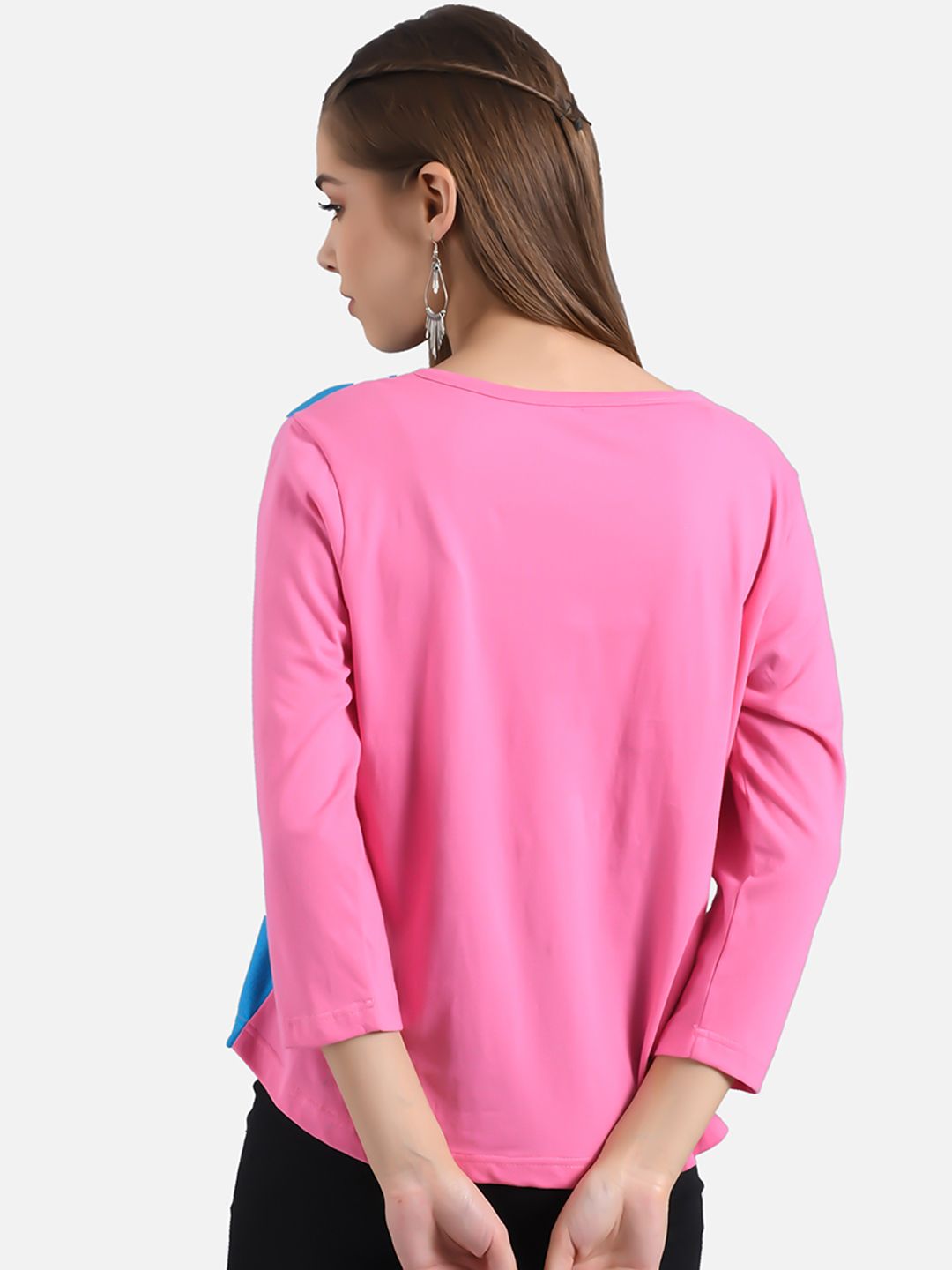 Kotty Women Pink & Blue Colourblocked Round Neck T-shirt