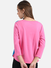 Kotty Women Pink & Blue Colourblocked Round Neck T-shirt
