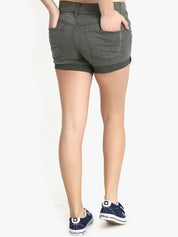 Kotty Women Olive Green Solid Regular Fit Denim Shorts