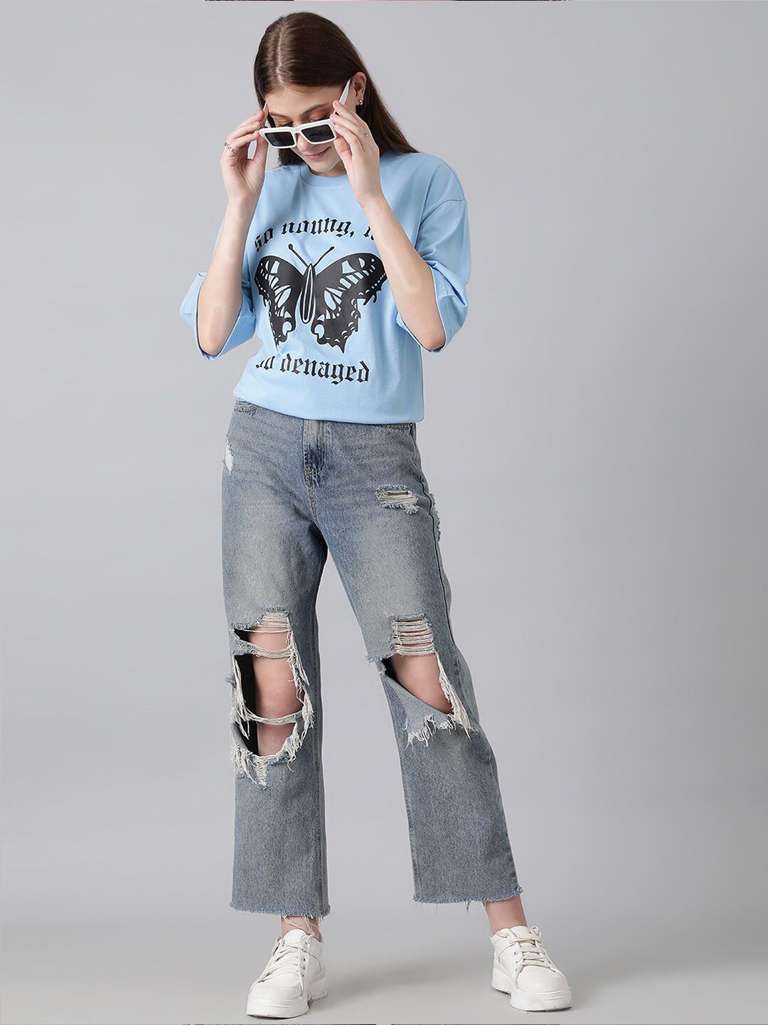 KOTTY Basics Typography Printed Drop-Shoulder Sleeves Oversized T-shirt