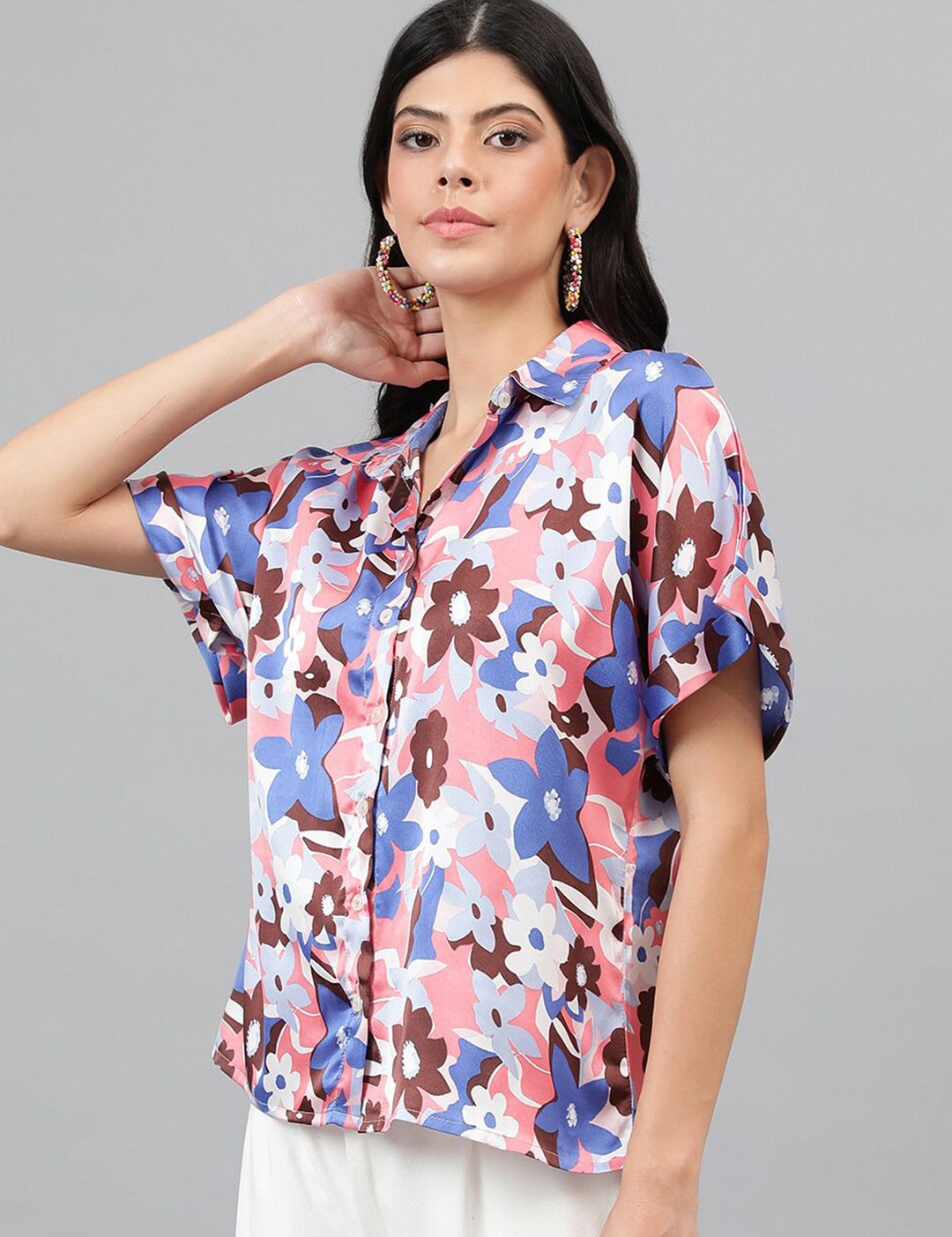 Kotty Pink & Blue Modern Floral Printed Extended Sleeves Satin Casual Shirt