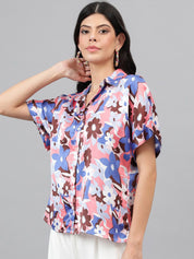 Kotty Pink & Blue Modern Floral Printed Extended Sleeves Satin Casual Shirt