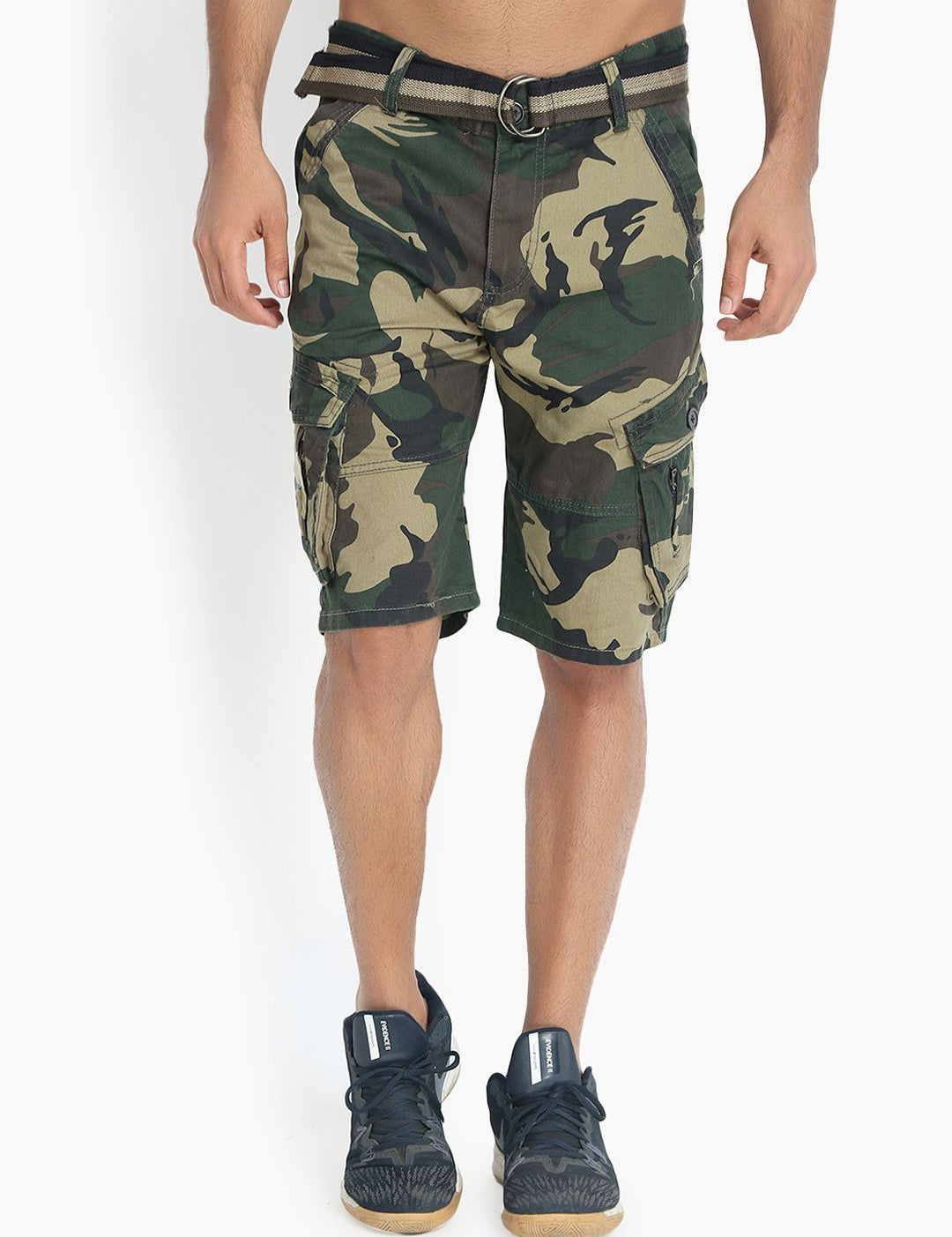 Kotty Men Olive Green & Yellow Camouflage Printed Regular Fit Cargo Shorts