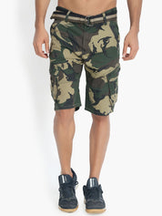 Kotty Men Olive Green & Yellow Camouflage Printed Regular Fit Cargo Shorts