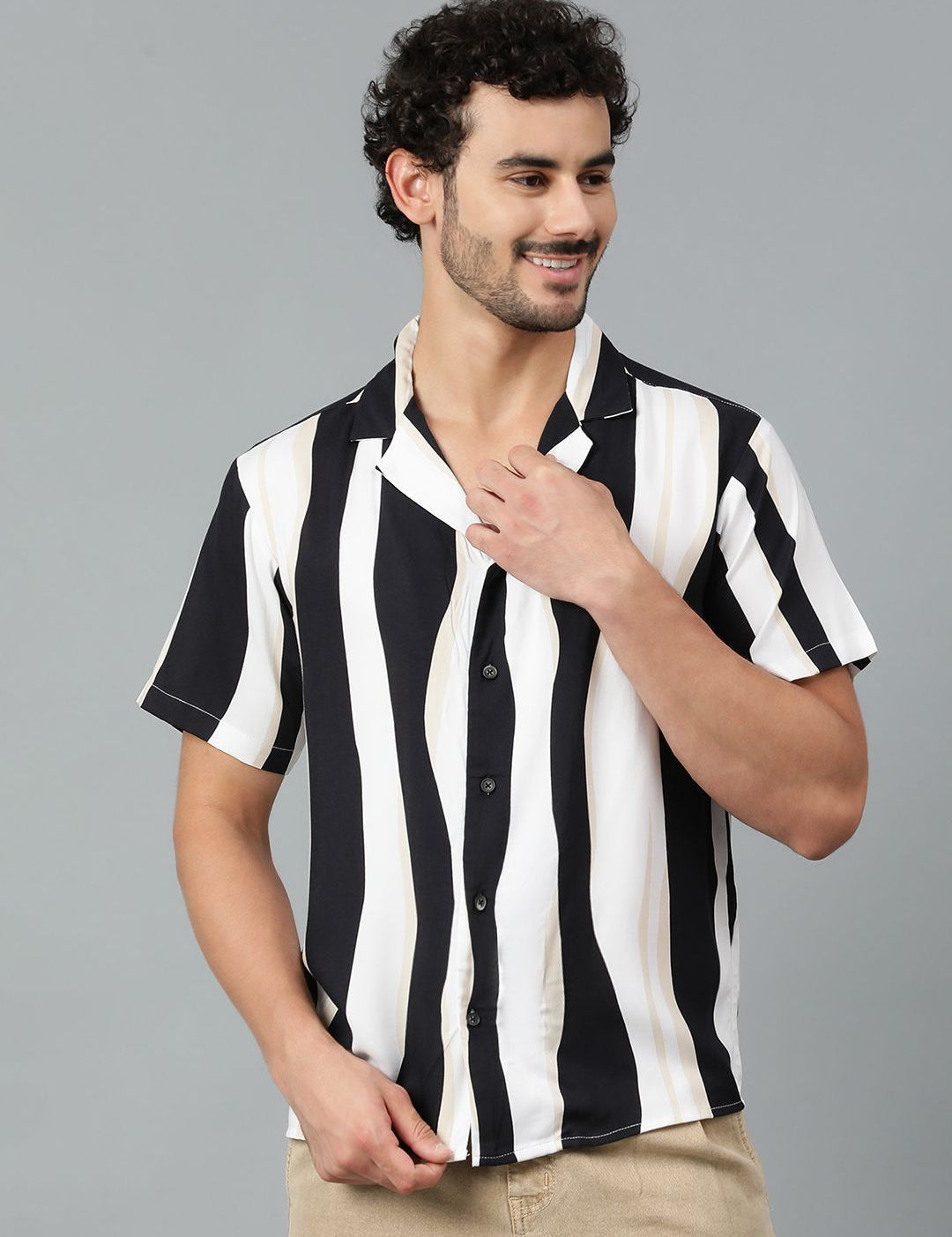 Kotty Men Cuban Collar Striped Casual Shirt