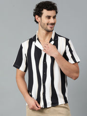 Kotty Men Cuban Collar Striped Casual Shirt