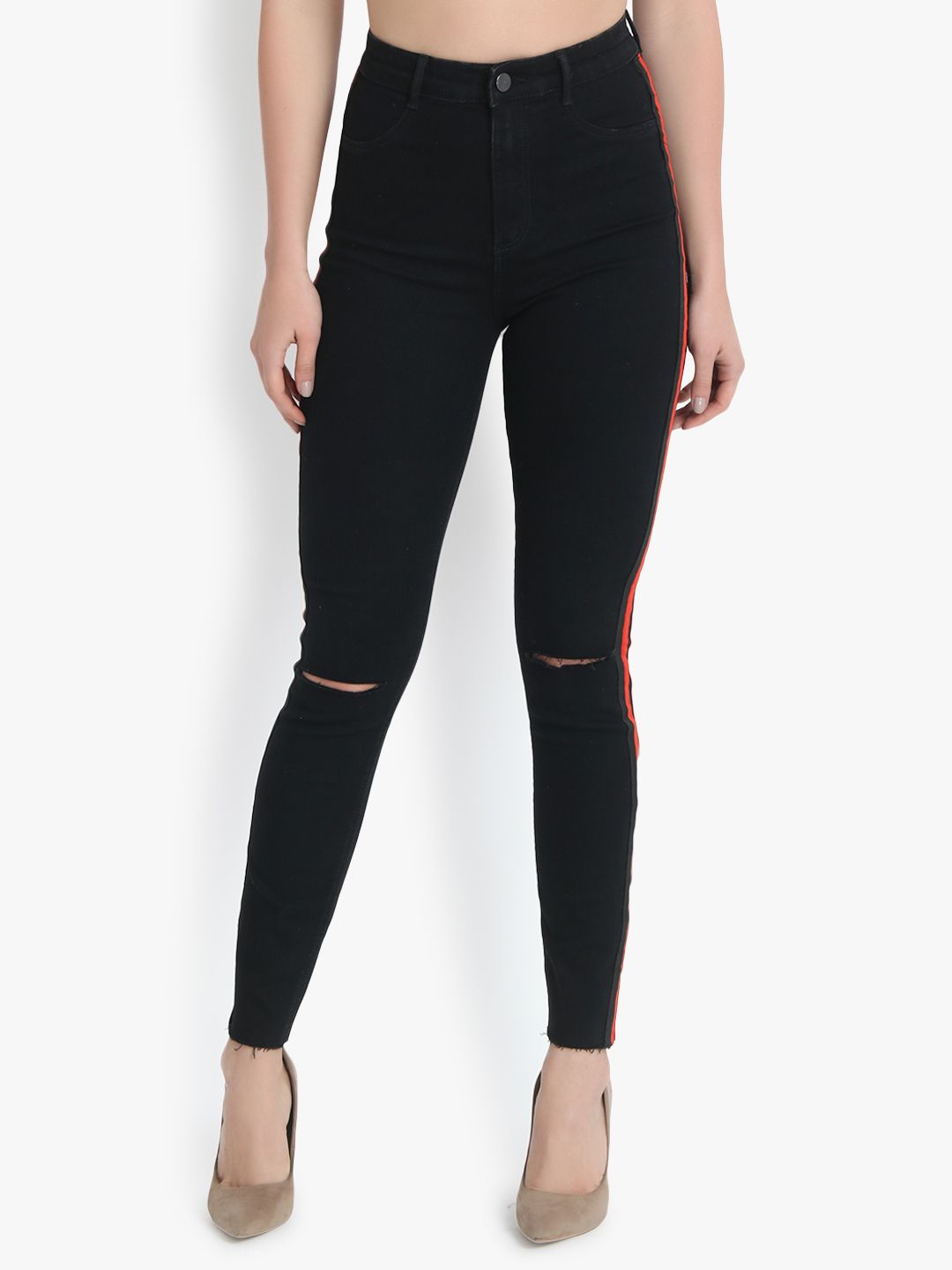 Kotty Women Black Skinny Fit High-Rise Slash Knee Jeans