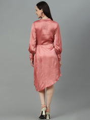 Kotty Cuffed Sleeves Pleated Satin Wrap Dress