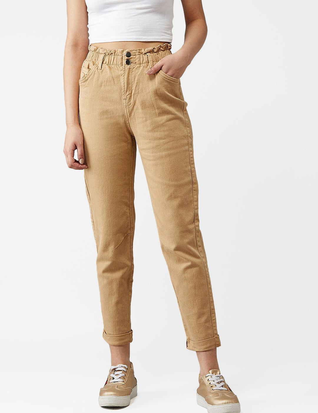 Kotty Women Beige Boyfriend Fit High-Rise Clean Look Jeans