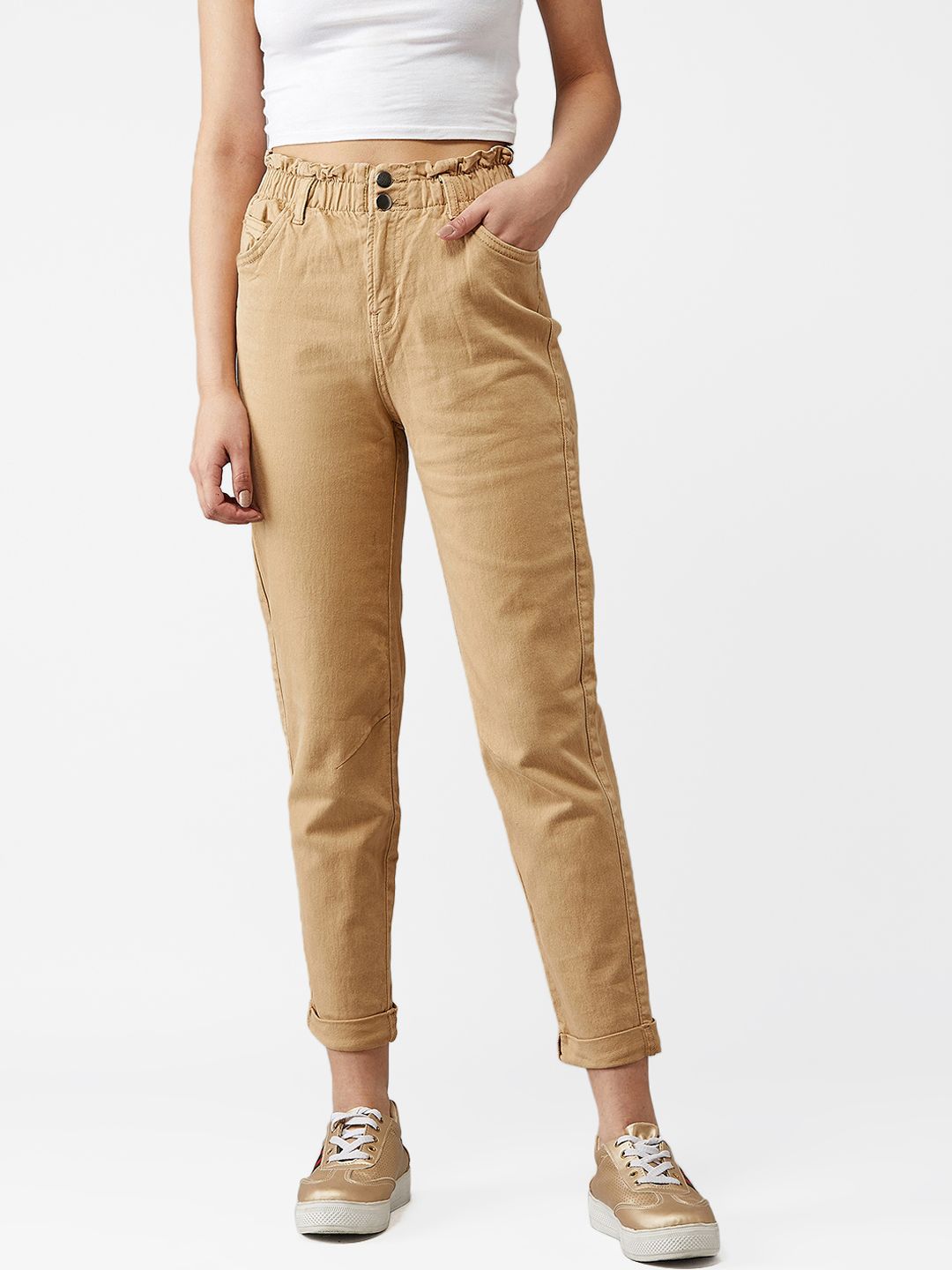 Kotty Women Beige Boyfriend Fit High-Rise Clean Look Jeans