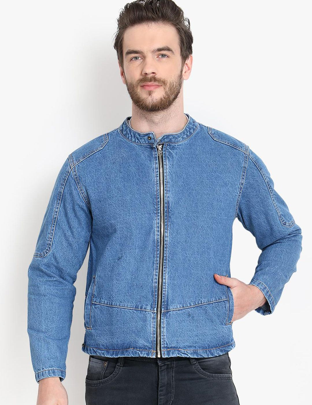 Kotty Men Blue Solid Denim Jacket