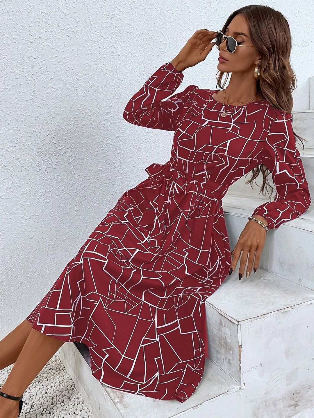 Kotty Maroon Abstract Printed Fit & Flare Midi Dress