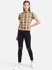 Kotty Women Beige Checked Pure Cotton Top