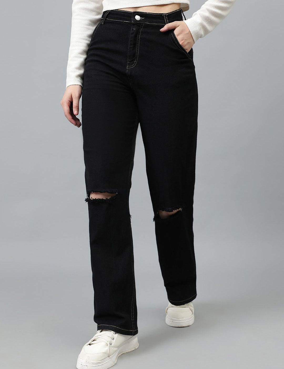 Kotty Women Jean Straight Fit High-Rise Slash Knee Stretchable Jeans