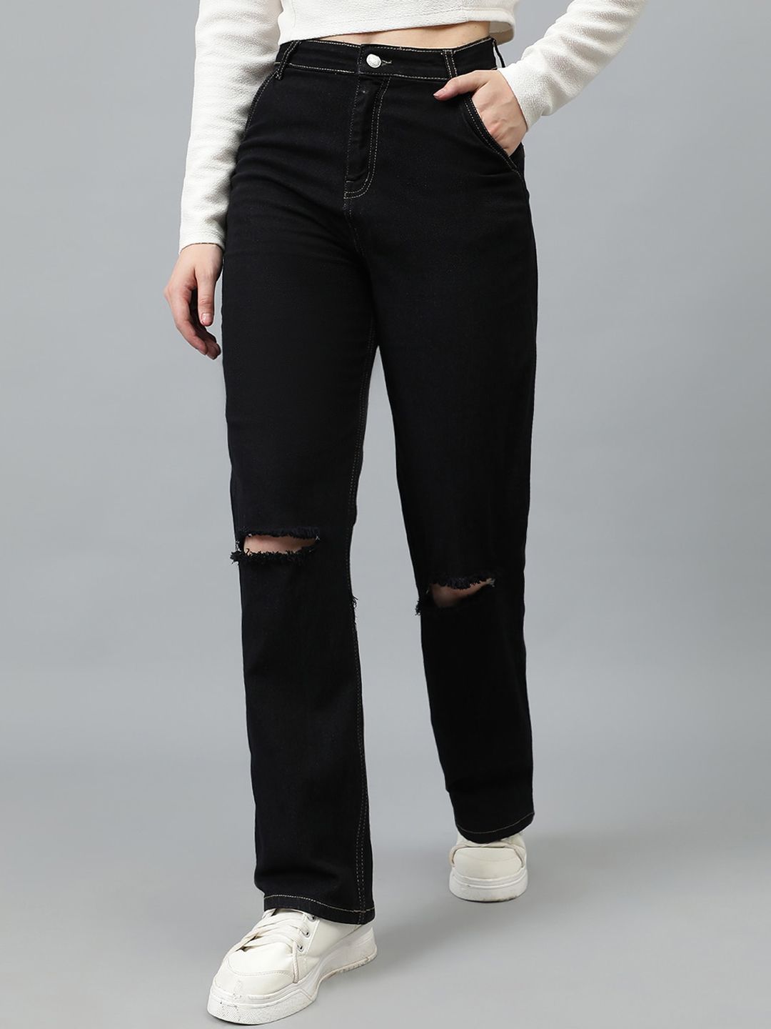 Kotty Women Jean Straight Fit High-Rise Slash Knee Stretchable Jeans