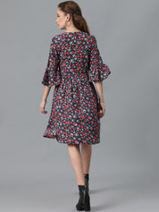 Kotty Black & Red Floral Printed Flared Sleeves Crepe Gathered Fit & Flare Dress