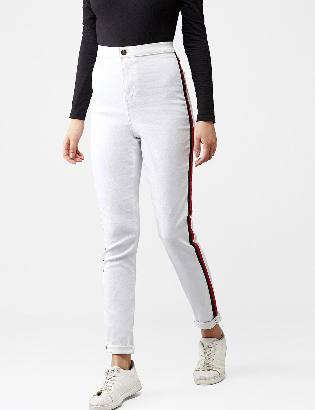 Kotty Women White Skinny Fit High-Rise Clean Look Jeans With Side Stripes