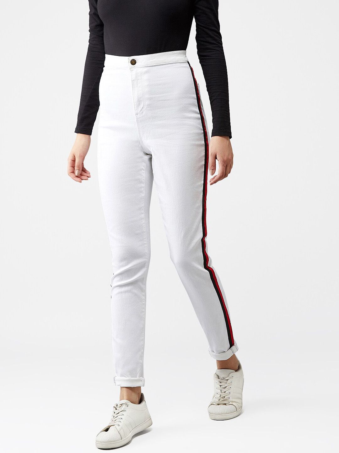 Kotty Women White Skinny Fit High-Rise Clean Look Jeans With Side Stripes