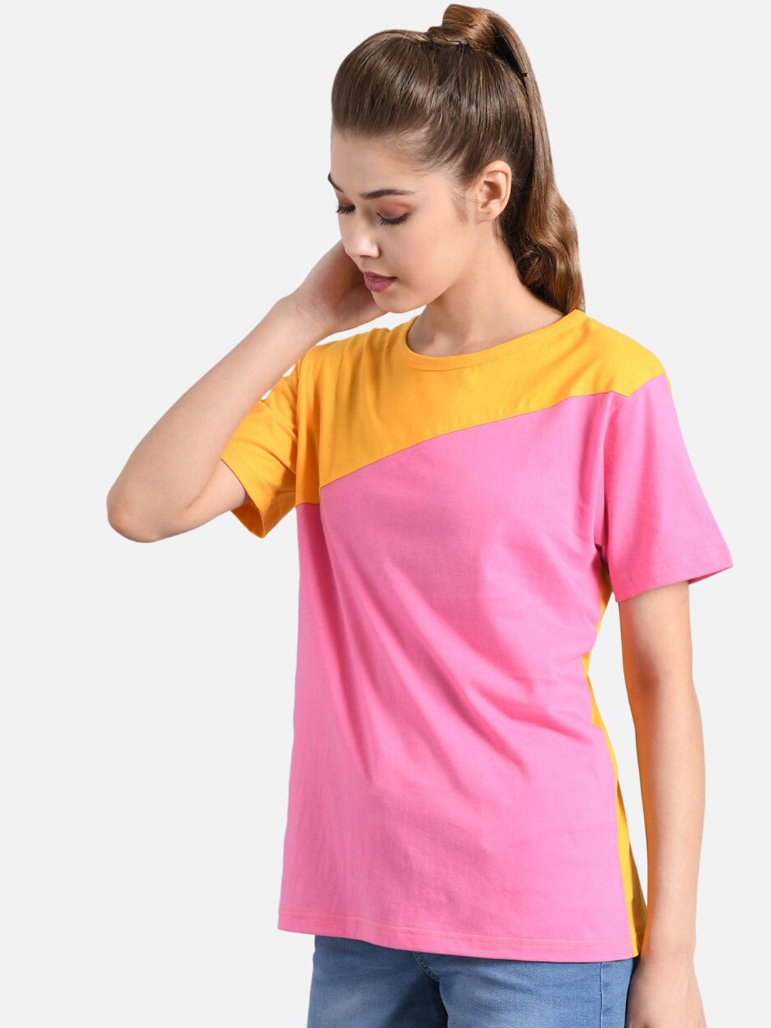 Kotty Women Pink & Mustard Yellow Colourblocked Round Neck T-shirt