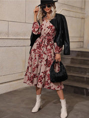 Kotty Maroon Floral Print A-Line Midi Dress