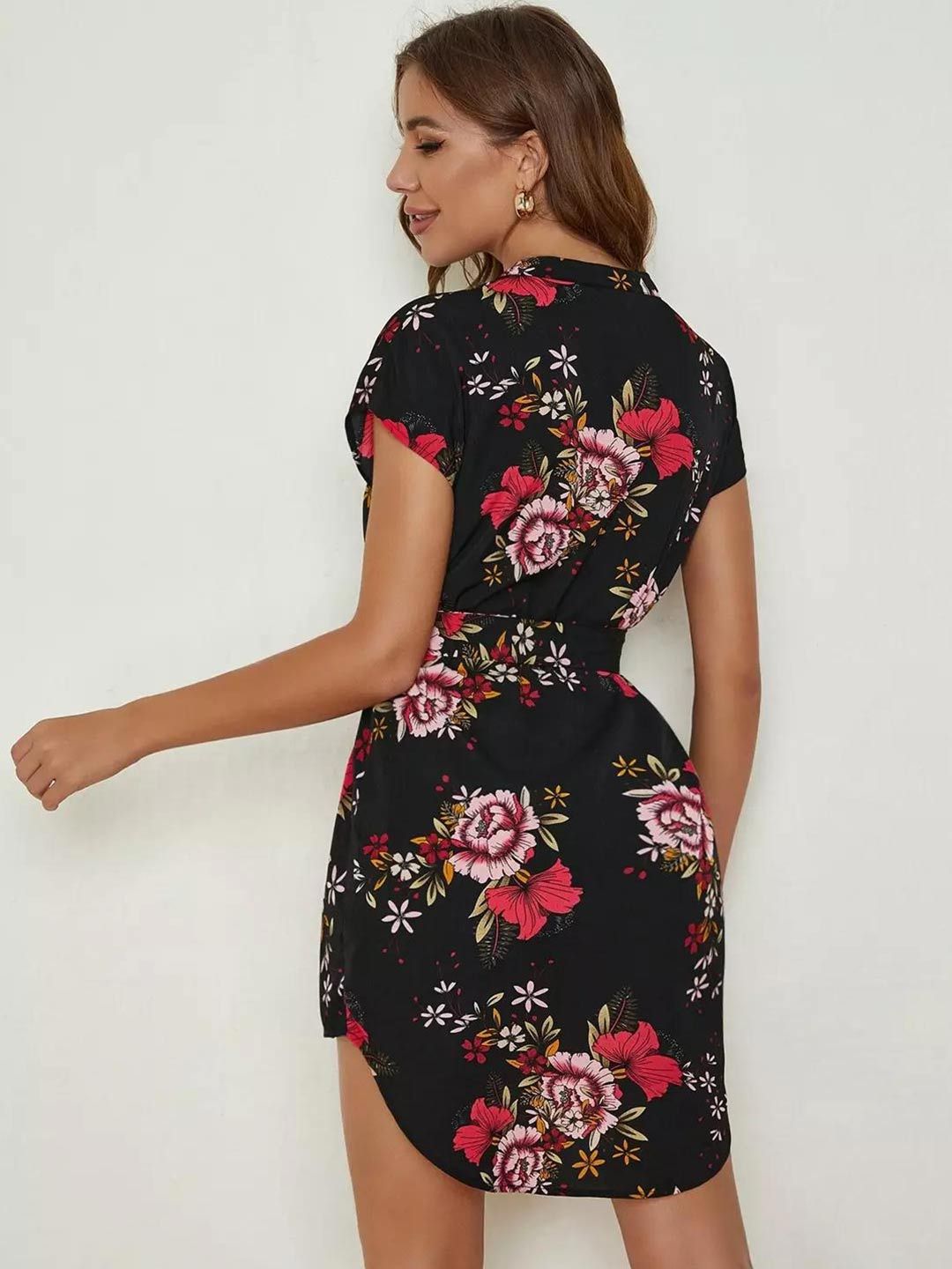 Kotty Black & Red Floral Printed Mandarin Collar Extended Sleeves A-Line Mini Dress
