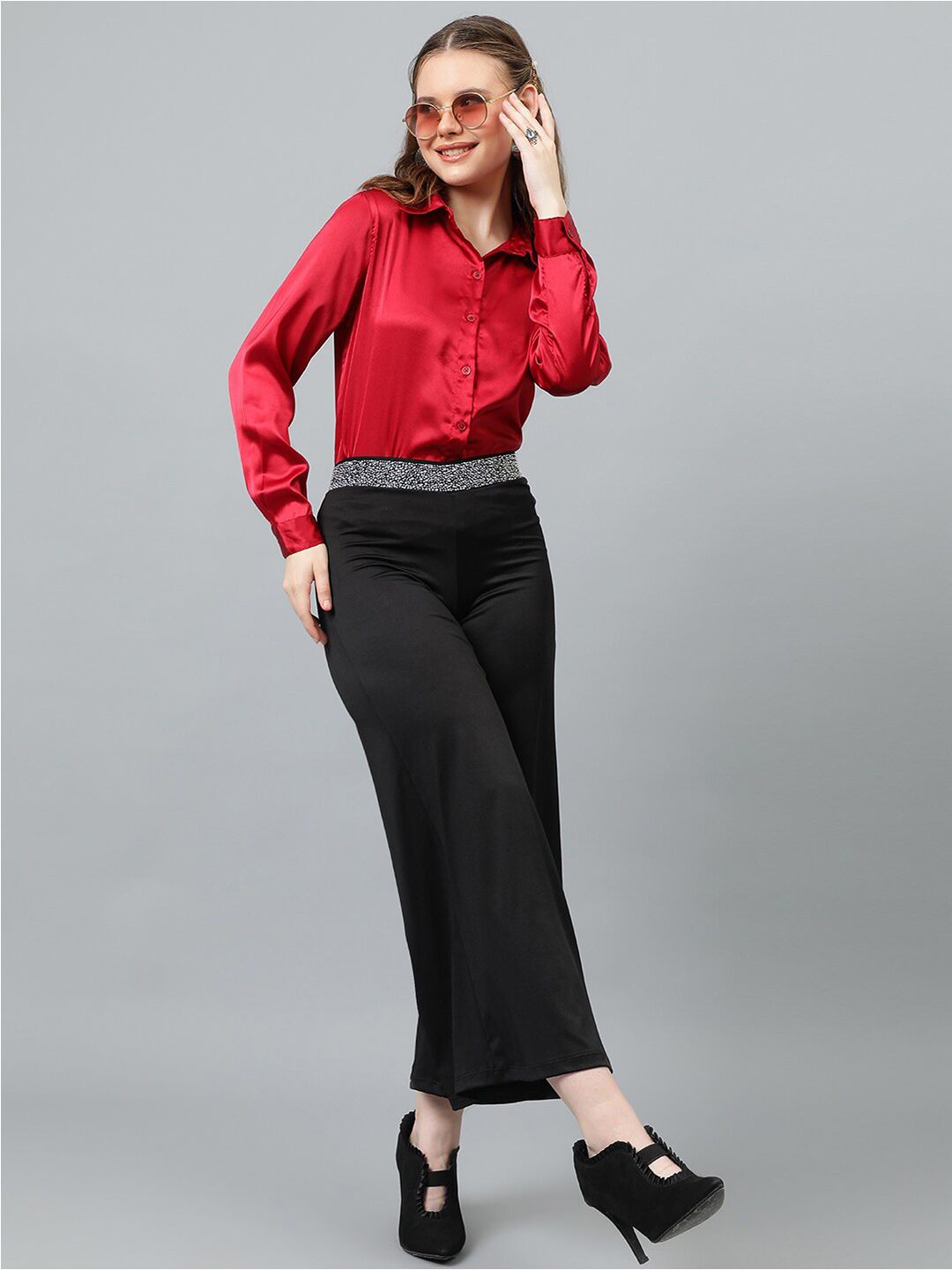 KOTTY BIZwear Maroon Relaxed Spread Collar Satin Casual Shirt