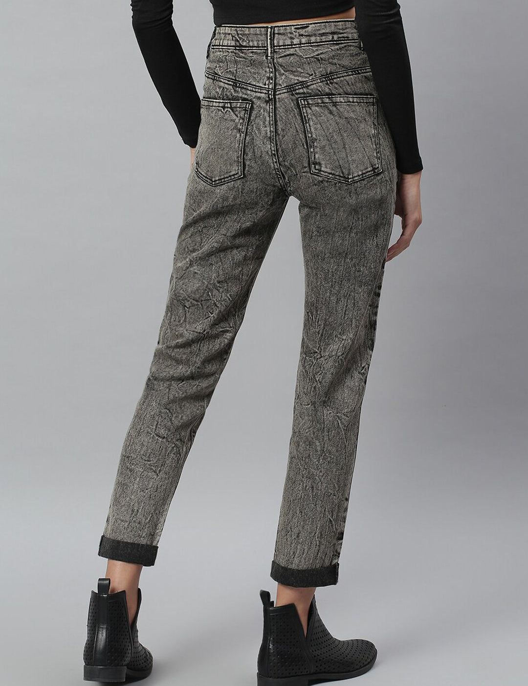 Kotty Women Charcoal Grey Washed Cotton High-Rise Slim Fit Jeans