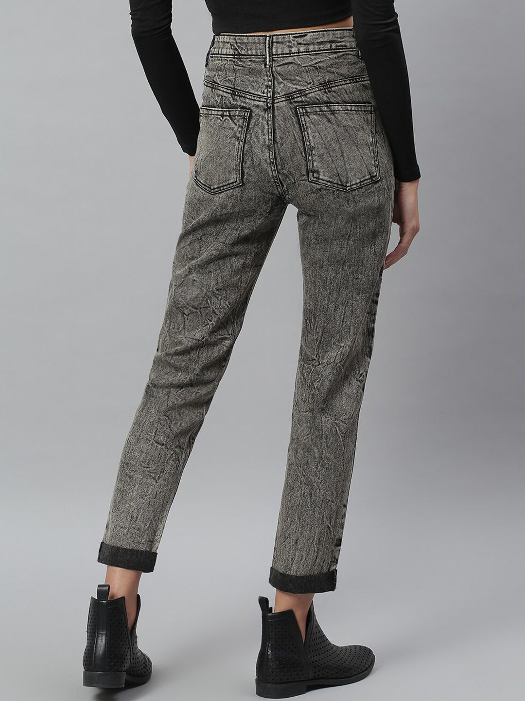 Kotty Women Charcoal Grey Washed Cotton High-Rise Slim Fit Jeans