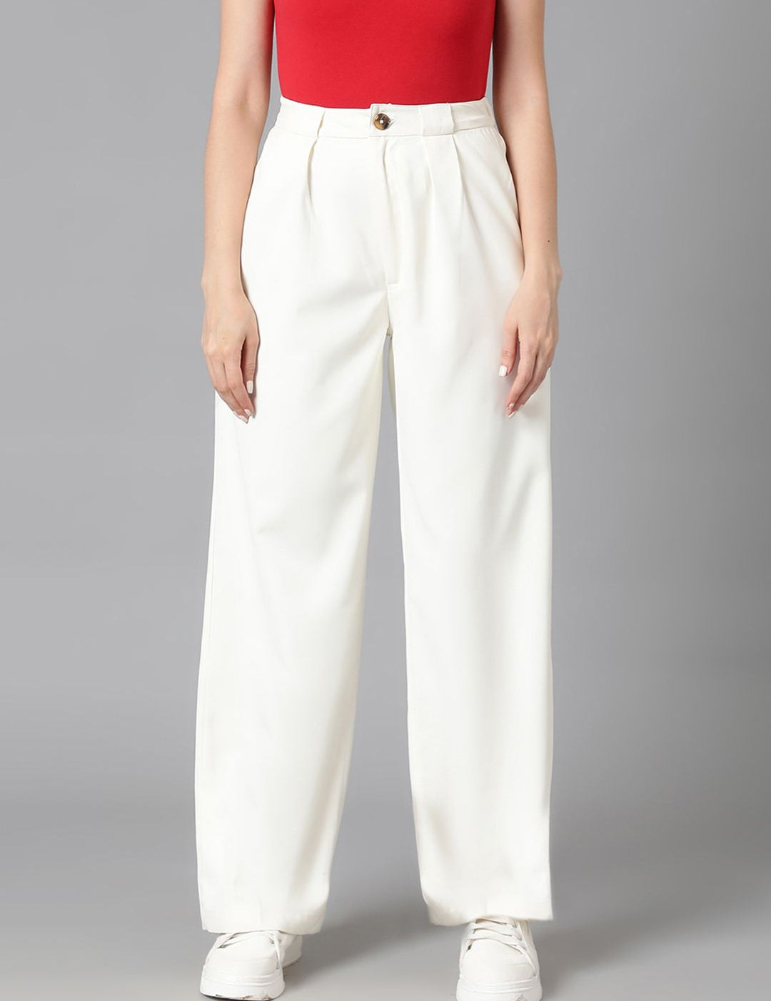 Kotty Women White Relaxed Straight Leg High-Rise Easy Wash Pleated Parallel Trousers
