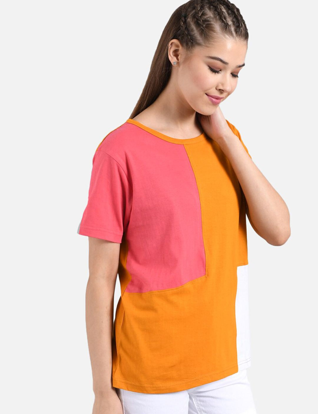 Kotty Women Orange & Pink Colourblocked Round Neck T-shirt