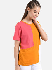 Kotty Women Orange & Pink Colourblocked Round Neck T-shirt