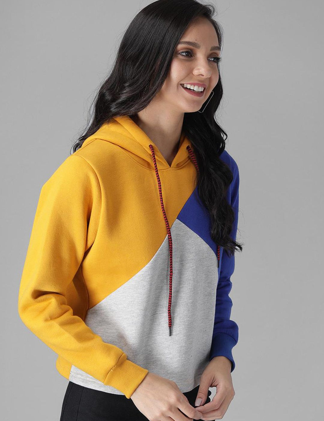 Kotty Women Yellow & Blue Colourblocked Hooded Sweatshirt