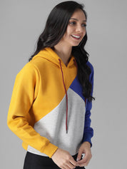 Kotty Women Yellow & Blue Colourblocked Hooded Sweatshirt