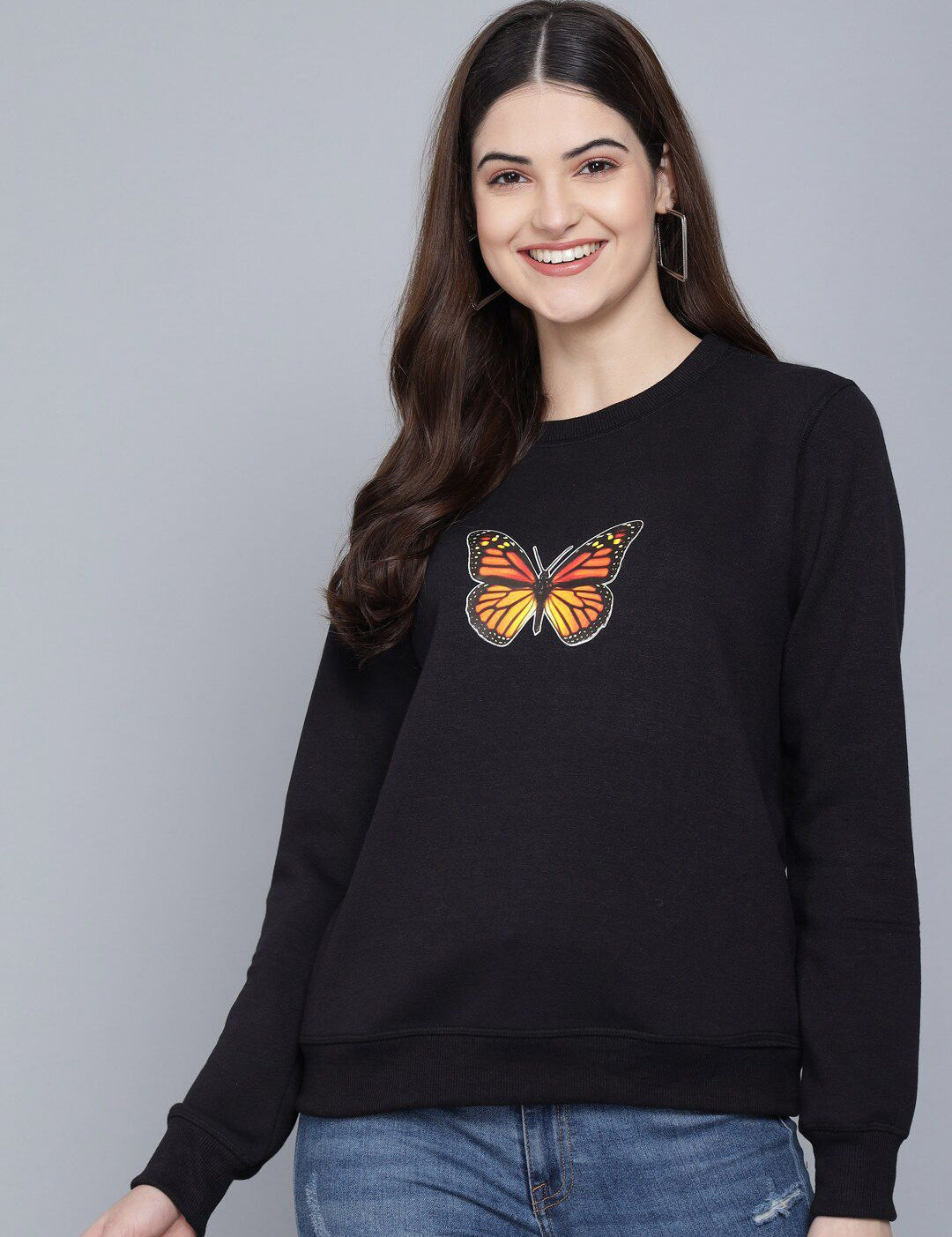 Kotty Women Black Printed Round Neck Sweatshirt