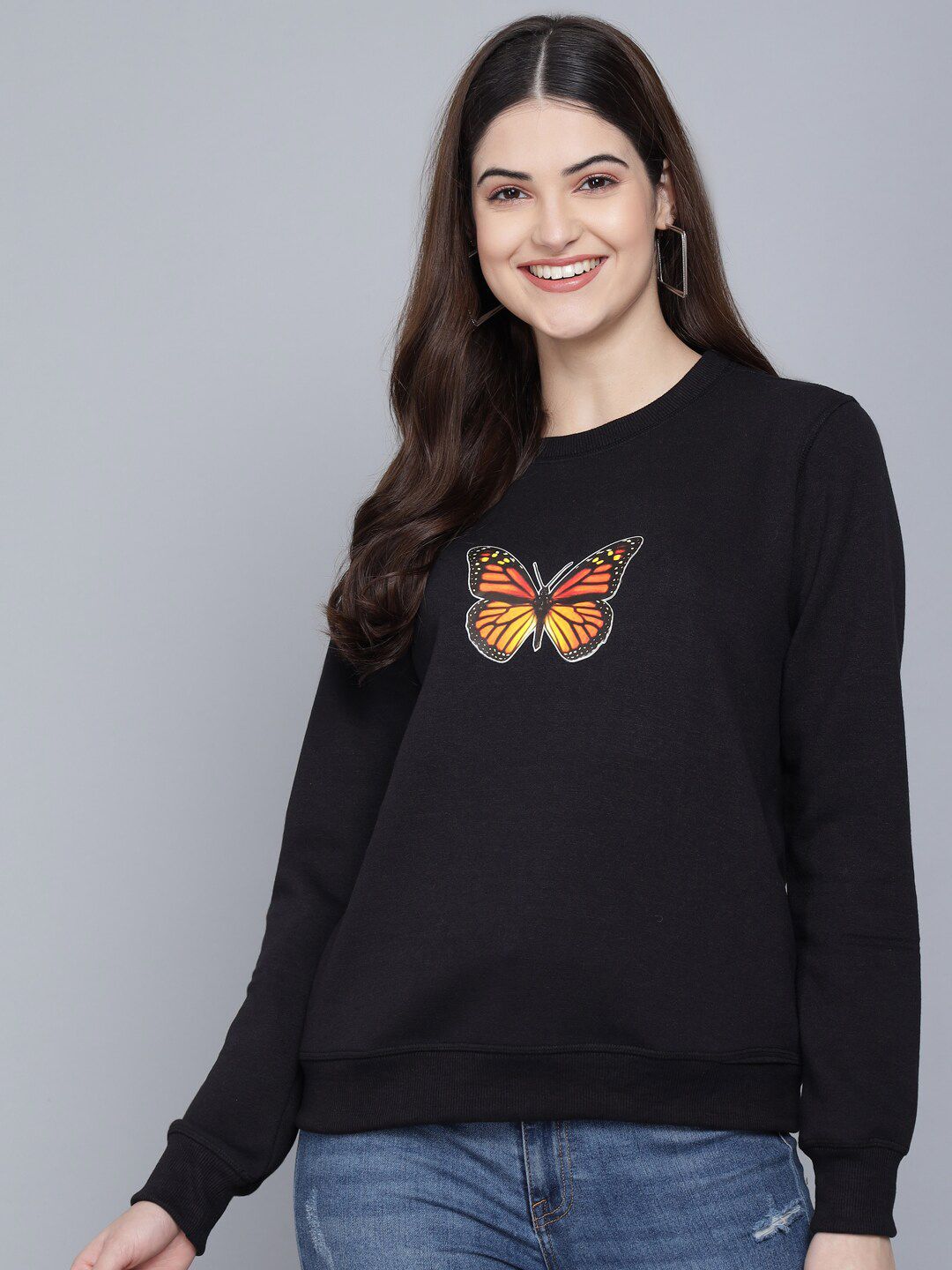 Kotty Women Black Printed Round Neck Sweatshirt