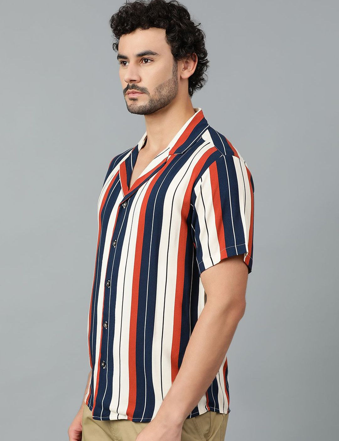 Kotty Men Cuban Collar Striped Casual Shirt
